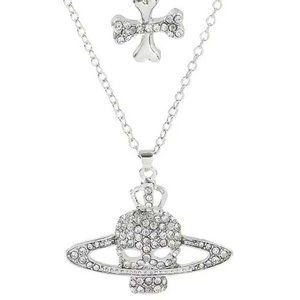 SKULL SATURN CROSSED BONES RHINESTONE SILVERY 2 PENDANT NECKLACES 43
